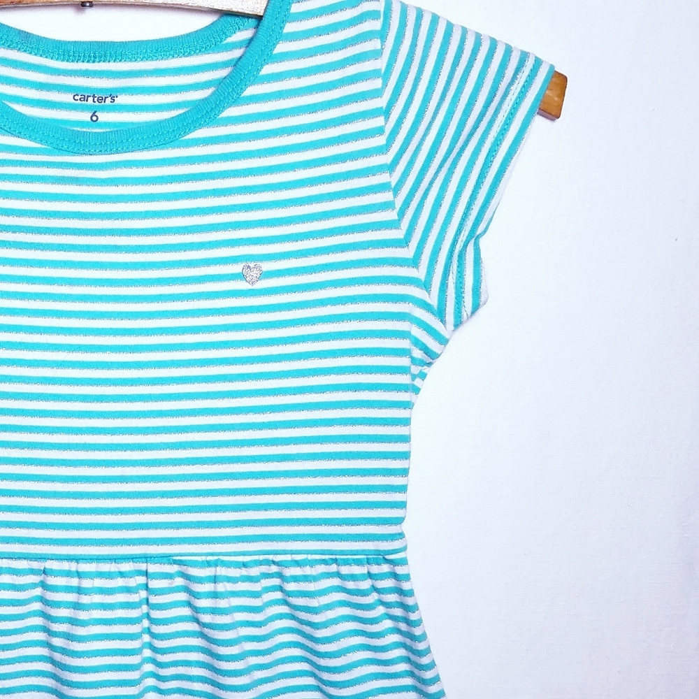 Carter's Teal Striped Pleated Waist Cap Sleeve Top w/Embroidered Heart Sz 6 EUC